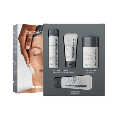 ダーマロジカ ディスカバー ヘルシー スキン キット — 箱を開いた状態の3ステップルーティン（ダブルクレンズ・角質ケア・保湿）製品レイアウト | キット