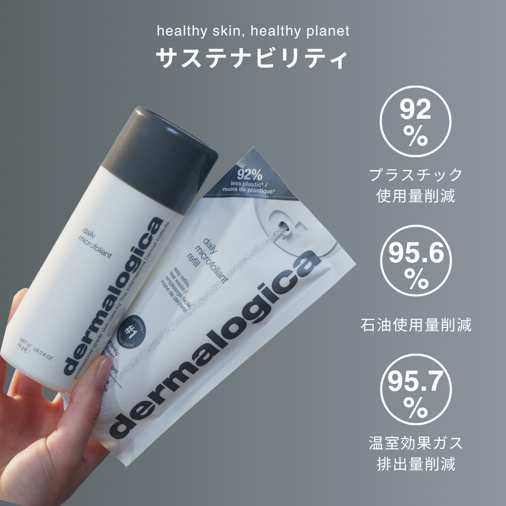 ダーマロジカ デイリーマイクロフォリエント サステナビリティ — レフィルパウチによるプラスチック・石油使用量・温室効果ガス排出量の削減率 | 酵素洗顔パウダー