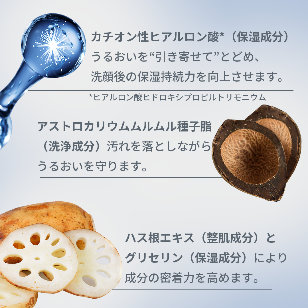 ダーマロジカ M+アフターグロー クレンザー — 主要成分（ヒアルロン酸・ムルムル種子脂・ハス根エキス）の説明 | 洗顔