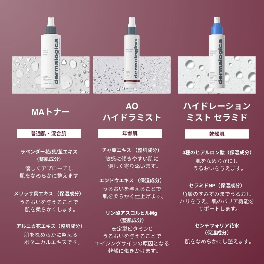 ダーマロジカ 化粧水3種比較 — MAトナー・AOハイドラミスト・ハイドレーションミストセラミド 肌質別おすすめ | ミスト化粧水