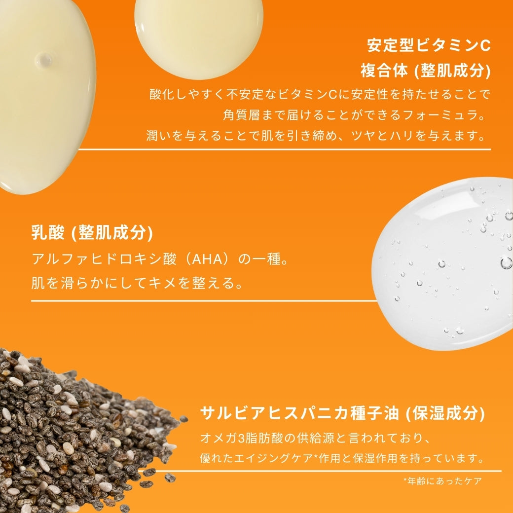 ダーマロジカ バイオルミンCセラム 成分解説 — 安定型ビタミンC複合体・乳酸・サルビアヒスパニカ種子油配合 | スキンケア