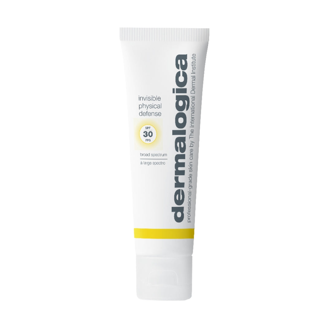 ダーマロジカ インビジブル フィジカル ディフェンス SPF30 — 紫外線吸収剤不使用の日焼け止めチューブ正面の製品画像 | 日焼け止め